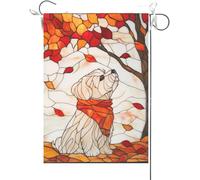 Bandiera Da Giardino Welcome Fall Maltese Dog Stained Glass Style Maple Leaves Fall Thanksgiving Bandiere Decorative Antivento Bandiera Da Cortile Colore Vivido Garden Flag Per Feste 30X45CM