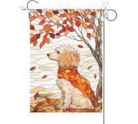 Bandiera Da Giardino Welcome Fall Poodle Stained Glass Style Maple Leaves Fall Thanksgiving Bandiere Decorative Premium Bandiera Da Cortile Antivento Bandiera Verticale Per Esterno 30X45CM