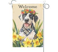Bandiera Da Giardino Welcome Great Dane,Flower Summer Spring Daffodils Dog Bandiere Decorative Premium Bandiera Da Cortile Colore Vivido Bandiera Verticale Per Celebrazioni Esterno 30X45CM