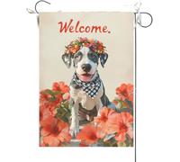 Bandiera Da Giardino Welcome Great Dane,Flower Summer Spring Dog Bandiere Decorative Premium Bandiera Da Cortile Antivento Garden Flag Per Feste Esterno Festival 30X45CM