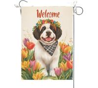 Bandiera Da Giardino Welcome Saint Bernard,Flower Summer Spring Dog Bandiere Decorative Colore Vivido Bandiera Da Cortile Durevole Garden Flag Per Feste Celebrazioni Festival 30X45CM