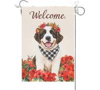 Bandiera Da Giardino Welcome Saint Bernard,Flower Summer Spring Dog Bandiere Decorative Premium Bandiera Da Cortile Durevole Bandiera Verticale Per Esterno Festival Celebrazioni 30X45CM