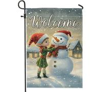 Bandiera da giardino "Welcome Snow Man", cappello rosso, decorazione invernale double face in iuta per vacanze, pannello esterno stagionale, decorazione per terrazze, prato, 30,5 x 45,7