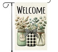 Bandiera Da Giardino Welcome Spring Buffalo Plaid Mason Jar Colorful Flower Small Flowers Butterfly Bandiera Da Cortile Verticale Garden Flag Durevole Bandiere Decorative Per Feste 30X45CM