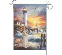 Bandiera Da Giardino Welcome Summer Beach Lighthouse Golden Retriever Coastal Bandiere Decorative Antivento Bandiera Verticale Premium Garden Flag Per Esterno Festival Celebrazioni 30X45CM