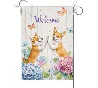 Bandiera Da Giardino Welcome Summer Colorful Hydrangea Basenji Dogs High-Fived Each Other Bandiere Decorative Premium Bandiera Da Cortile Antivento Garden Flag Per Esterno Feste 30X45CM