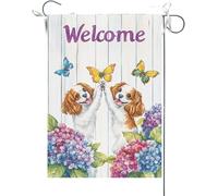 Bandiera Da Giardino Welcome Summer Colorful Hydrangea Cavalier King Charles Spaniel Dogs High-Fived Each Other Bandiera Verticale Durevole Garden Flag Bandiera Da Cortile Per 30X45CM