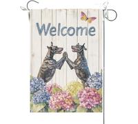 Bandiera Da Giardino Welcome Summer Colorful Hydrangea Great Dane Dogs High-Fived Each Other Bandiere Decorative Durevole Bandiera Da Cortile Antivento Garden Flag Per Feste Celebrazioni 30X45CM