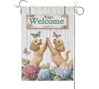 Bandiera Da Giardino Welcome Summer Colorful Hydrangea Poodle Dogs High-Fived Each Other Bandiera Da Cortile Colore Vivido Bandiera Verticale Durevole Garden Flag Per Esterno Feste 30X45CM