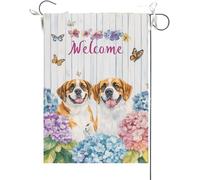 Bandiera Da Giardino Welcome Summer Colorful Hydrangea Saint Bernard Dogs High-Fived Each Other Garden Flag Colore Vivido Bandiera Da Cortile Premium Bandiera Verticale Per Esterno 30X45CM