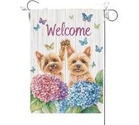 Bandiera Da Giardino Welcome Summer Colorful Hydrangea Yorkie Dogs High-Fived Each Other Bandiere Decorative Durevole Bandiera Da Cortile Colore Vivido Bandiera Verticale Per Esterno 30X45CM
