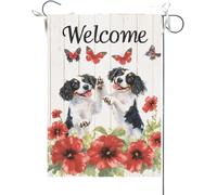 Bandiera Da Giardino Welcome Summer Red Geranium English Springer Spaniel Dogs High-Fived Each Other Garden Flag Durevole Bandiera Verticale Colore Vivido Bandiera Da Cortile Per Esterno 30X45CM