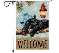 Bandiera Da Giardino Winter Cat Welcome Featuring Cozy Cat With Snowflakes And Lantern Bandiere Decorative Verticale Bandiera Da Cortile Durevole Garden Flag Per Esterno Celebrazioni 30X45CM