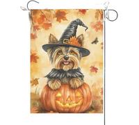 Bandiera Da Giardino Yorkie Leaning Over The Scary Pumpkin, Halloween Fall Autumn Bandiera Verticale Premium Garden Flag Antivento Bandiera Da Cortile Per Feste Esterno Festival 30X45CM