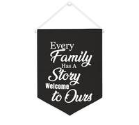 Bandiera da parete in tela con citazione ispiratrice "Every Family Has A Story Welcome to Ours", striscione da appendere per casa e ufficio, 30,5 x 40,6 cm, regalo di inaugurazione della casa
