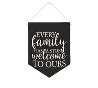 Bandiera da parete in tela con citazione ispiratrice "Every Family Has A Story Welcome to Ours", striscione da appendere per casa e ufficio, 25,4 x 30,5 cm, regalo di inaugurazione della casa