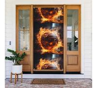 Bandiera decorata con basket sul fuoco e fiamma d'acqua che spruzza la porta. Striscione stampato per porte, da appendere alla parete per feste