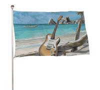 Bandiera decorativa con chitarra sulla spiaggia, 89 x 150 cm, stampa su entrambi i lati, bandiera decorativa da giardino, non sbiadisce, con occhielli in ottone, sfondo fotografico da appendere, per