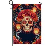 Bandiera decorativa da giardino con teschio di zucchero e rosa, 30,5 x 45,7 | Rose rosse, bandiera del cortile, lanterne luminose, colibrì, motivi floreali, decorazione da giardino all'aperto