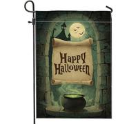 Bandiera decorativa da giardino di Halloween, calderone spettrale e bandiera per esterni con luna, bandiera da giardino in iuta su entrambi i lati, per decorazione del prato delle vacanze, 30,5 x 45,7