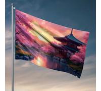 Bandiera decorativa per bar sportiva, motivo serenità con fiori di ciliegio: un tempio giapponese al tramonto, bandiera per mobili per camera da letto (152 x 244 cm)