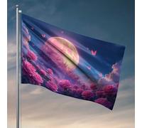 Bandiera decorativa per birra, notte magica, con luna piena e rose rosa, accessori per la tua stanza (60 x 90 cm)