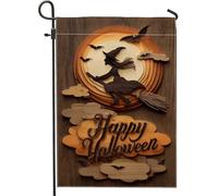 Bandiera decorativa per strega di Halloween, striscione in legno arancione con design a manico di scopa, decorazione su entrambi i lati, decorazione per casa e giardino, bandiera per feste all'aperto
