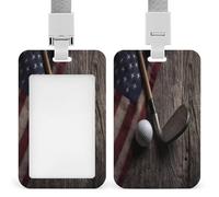 Bandiera degli Stati Uniti con pallina da golf su supporto per badge in legno, targhetta con nome identificativo personalizzato, clip verticale per badge da lavoro con cordino per donne e uomini