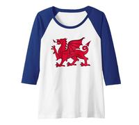 Bandiera del Galles del Drago Rosso Maglia con Maniche Raglan, Donna, Blu Reale/Bianco, S