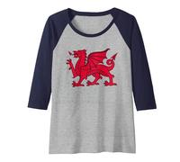Bandiera del Galles del Drago Rosso Maglia con Maniche Raglan, Donna, Navy/Grigio (Athletic Heather), XL