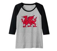 Bandiera del Galles del Drago Rosso Maglia con Maniche Raglan, Donna, Nero/Grigio (Athletic Heather), XL