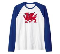 Bandiera del Galles del Drago Rosso Maglia con Maniche Raglan, Uomo, Blu Reale/Bianco, S