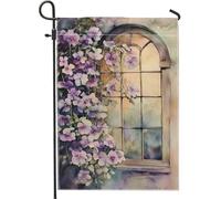 Bandiera del giardino dei fiori viola primavera estate finestra con vite floreale decorazione della casa bandiera del tessuto doppio lato per la decorazione del prato all'aperto 12 x 18 pollici