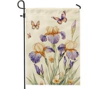 Bandiera del giardino dei gigli primaverili ed estivi fiore giallo viola farfalla decorazione della casa bandiera di juta doppio lato decorazione del prato all'aperto 12 x 18 pollici