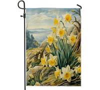 Bandiera del giardino dei narcisi primaverili, bella decorazione floreale estetica, paesaggio, montagna, foresta, natura, lino, verde, decorazione per feste, iuta, verticale, esterno, prato, casa