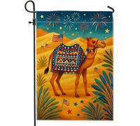 Bandiera del giardino del cammello del giorno dell'indipendenza, scena colorata del deserto con stelle e strisce, decorazione esterna su entrambi i lati per celebrazioni estive, striscione singolo per