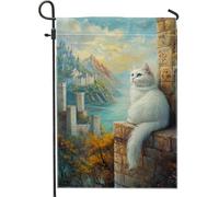 Bandiera del giardino del castello fantasia paesaggio di gatto bianco decorazione della casa, bandiere da giardino, bandiera in tela di iuta bifacciale, decorazione per feste all'aperto, 12 x 18