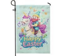 Bandiera del giardino del cavallo magico di Pasqua colorata decorazione di primavera all'aperto gnomo carino doppio lato per decorazione del prato di vacanza, 12 x 18 pollici