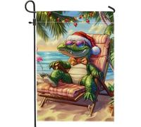 Bandiera del giardino del coccodrillo di Natale della decorazione natalizia verde con cappello di Babbo Natale scena della spiaggia tropicale bandiera di tela doppia faccia per la decorazione del