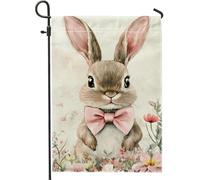 Bandiera del giardino del coniglio di Pasqua bel coniglio marrone con fiocco di pesca decorazione floreale all'aperto banner a molla in tela doppia faccia per decorazione prato e cortile 12
