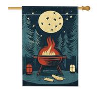 Bandiera del giardino del falò della foresta del cielo notturno, lanterne della luna piena, striscione per la decorazione della casa all'aperto, tela rustica, bandiera del patio a doppia faccia