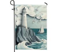 Bandiera del giardino del faro costiero, bandiera della decorazione della casa con onde dell'oceano blu, tela da imballaggio a doppia faccia decorazione esterna bandiera nautica del prato estivo 12 x