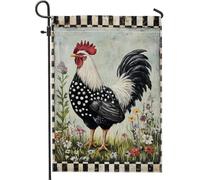 Bandiera del giardino del gallo a pois, decorazione della fattoria in bianco e nero, banner floreale primaverile, decorazione del prato all'aperto, decorazione della casa a tema pollo, 12 x 18