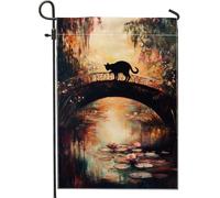 Bandiera del giardino del gatto autunnale silhouette felina nera in un paesaggio scenico ponte banner decorativo doppio lato per patio decorazione del prato all'aperto per la casa 12x18