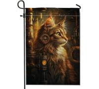 Bandiera del giardino del gatto steampunk bandiera meccanica felina arancione per la decorazione domestica banner da giardino in tela doppia faccia, decorazione autunnale all'aperto 12 x 18 pollici