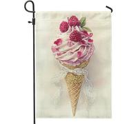Bandiera del giardino del gelato del lampone estivo, cono di panna montata alla pesca, decorazione domestica, banner da giardino, bandiera in tela a doppia faccia, decorazione per prato all'aperto