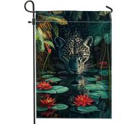 Bandiera del giardino del leopardo della giungla banner della decorazione della casa degli animali selvatici verde scuro bandiera di tela doppia faccia per la decorazione del prato all'aperto 12x18