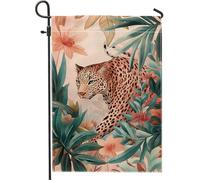 Bandiera del giardino del leopardo della giungla decorazione floreale tropicale all'aperto per l'estate decorazione animale di iuta doppio lato per festa del prato 12 x 18 pollici