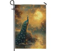 Bandiera del giardino del pavone uccello verde blu con luna piena scena naturale autunno vacanza elegante stile acquerello per la decorazione del patio esterno 12 x 18 pollici
