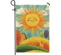 Bandiera del giardino del sole giallo brillante paesaggio del sole sorridente decorazione della casa banner del giardino bandiera della tela doppia faccia decorazione del prato all'aperto 12x18